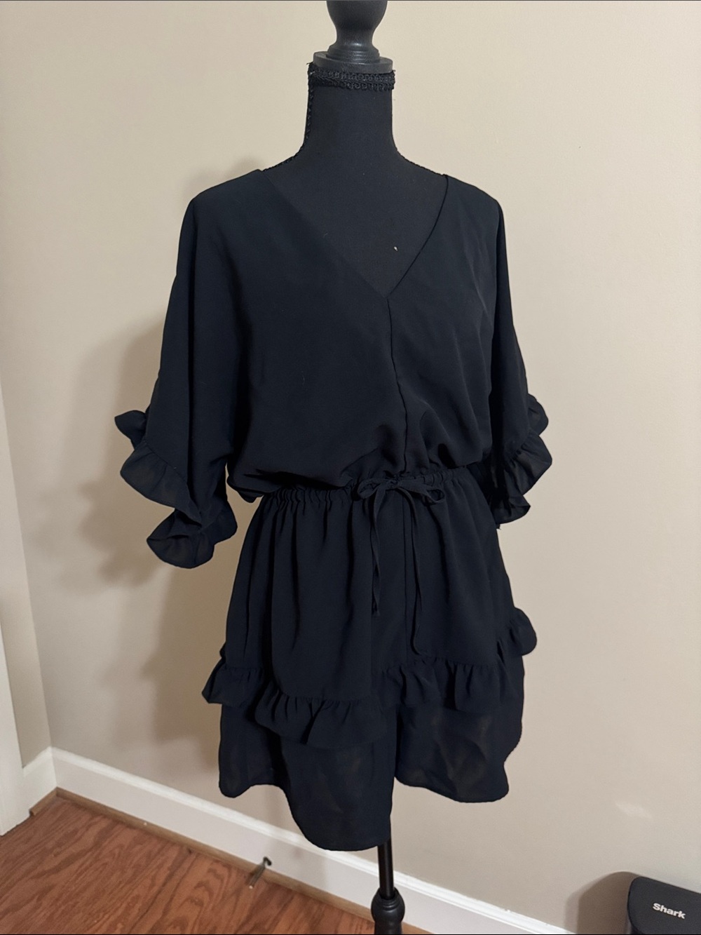 Amazon Black Ruffle V-Neck Romper with Drawstring Waist